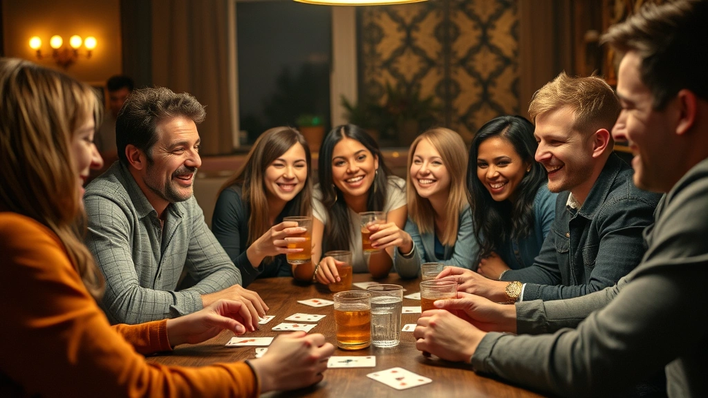 Group of diverse friends sitting around a table playing cards, laughing and enjoying drinks, warm indoor lighting, candid moment capturing game night energy and social interaction