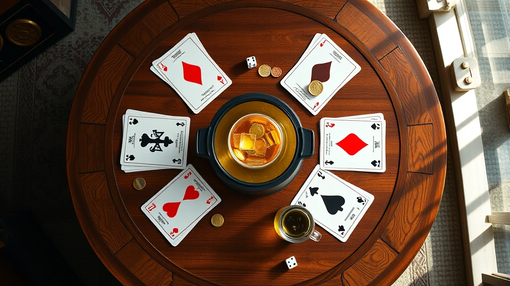 Overhead shot of Kings Cup game setup with four suits of cards arranged in circle pattern, central cup with mixed beverages, dice and coins scattered nearby, natural daylight through window