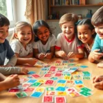 A diverse group of children sitting around a table playing colorful card games together, laughing and engaged, with cards spread out on the table surface, natural daylight from a window