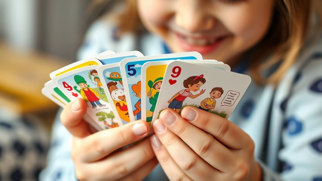 Close-up of children's hands holding and examining colorful playing cards with vibrant illustrations, showing genuine concentration and joy, cards fanned out clearly visible