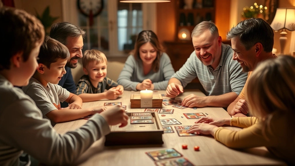 A cozy family game night scene with kids and parents gathered around a table, cards and game components visible, warm lighting creating an inviting atmosphere, everyone smiling and focused on gameplay