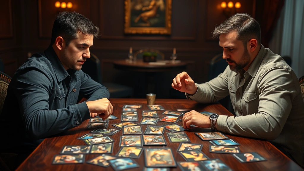 Two players sitting at a table with colorful trading cards spread between them, intense focused expressions, warm lighting, competitive card game moment with strategic hand positioning