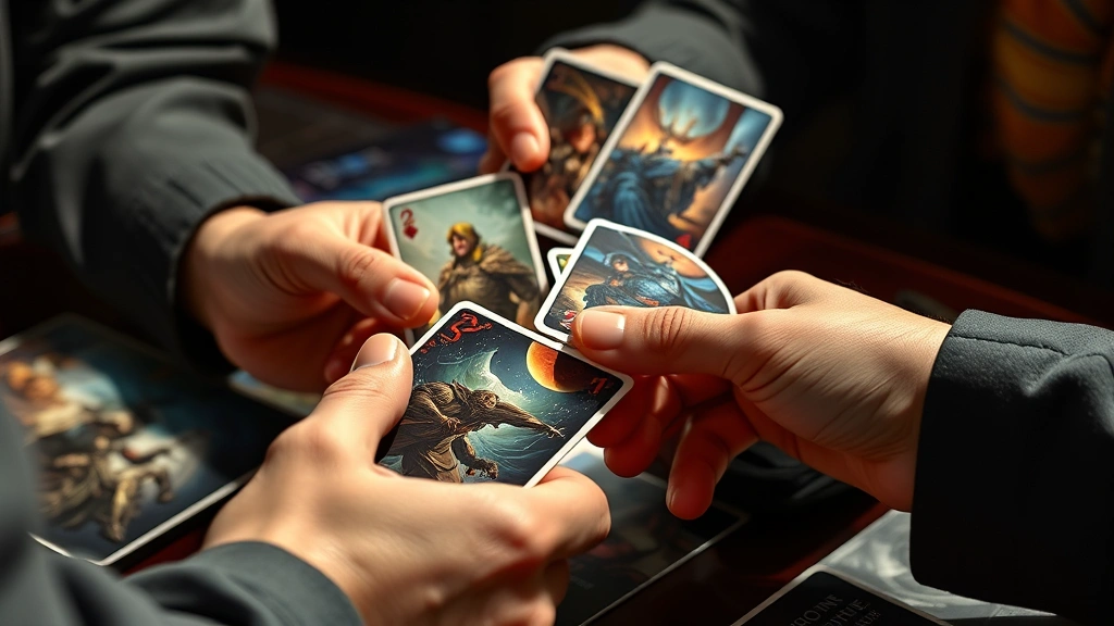 Close-up of hands exchanging or playing cards from different games simultaneously, showing card game variety with fantasy, sci-fi, and abstract art styles, dramatic side lighting