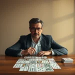 Professional card game player sitting alone at wooden table with multiple card decks spread out, focused expression, warm lighting, minimalist background, photorealistic