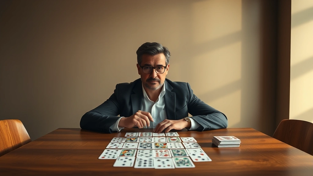 Professional card game player sitting alone at wooden table with multiple card decks spread out, focused expression, warm lighting, minimalist background, photorealistic