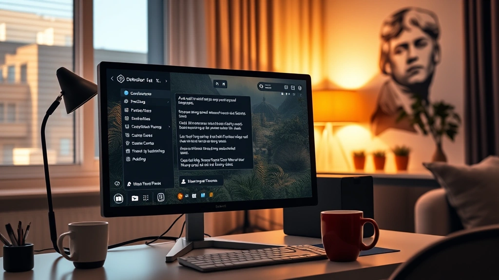 A modern gaming setup with a PC displaying a dialogue-heavy game interface, warm ambient lighting, coffee cup on desk, contemporary apartment setting, photorealistic, no UI elements visible