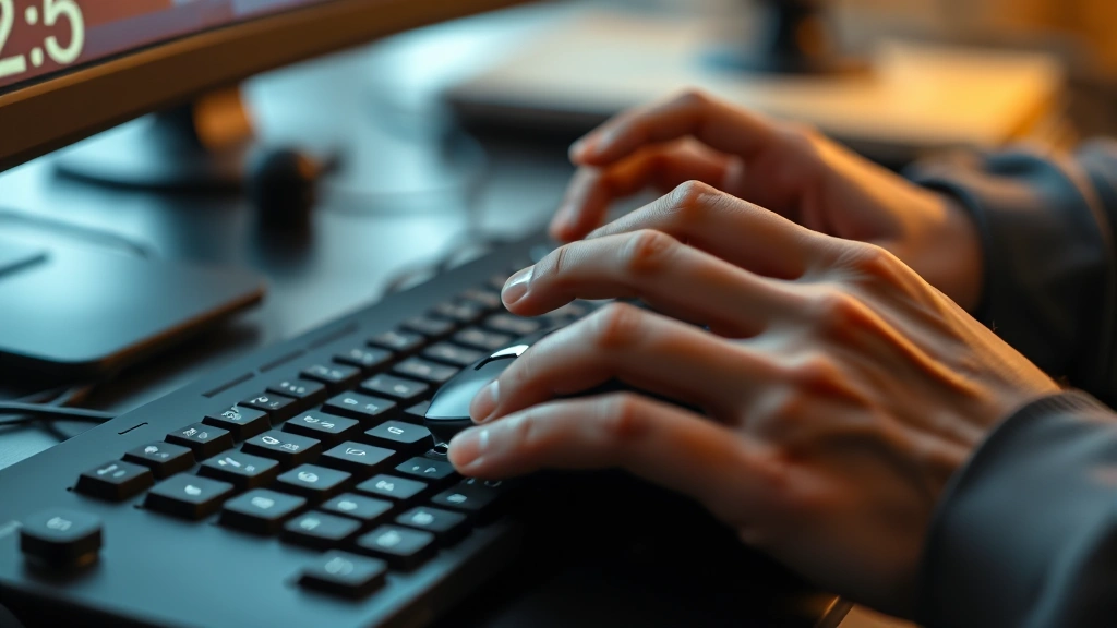 Close-up of a gamer's hands on keyboard and mouse during an intense dialogue choice moment, focused concentration, natural lighting from monitor glow, photorealistic detail