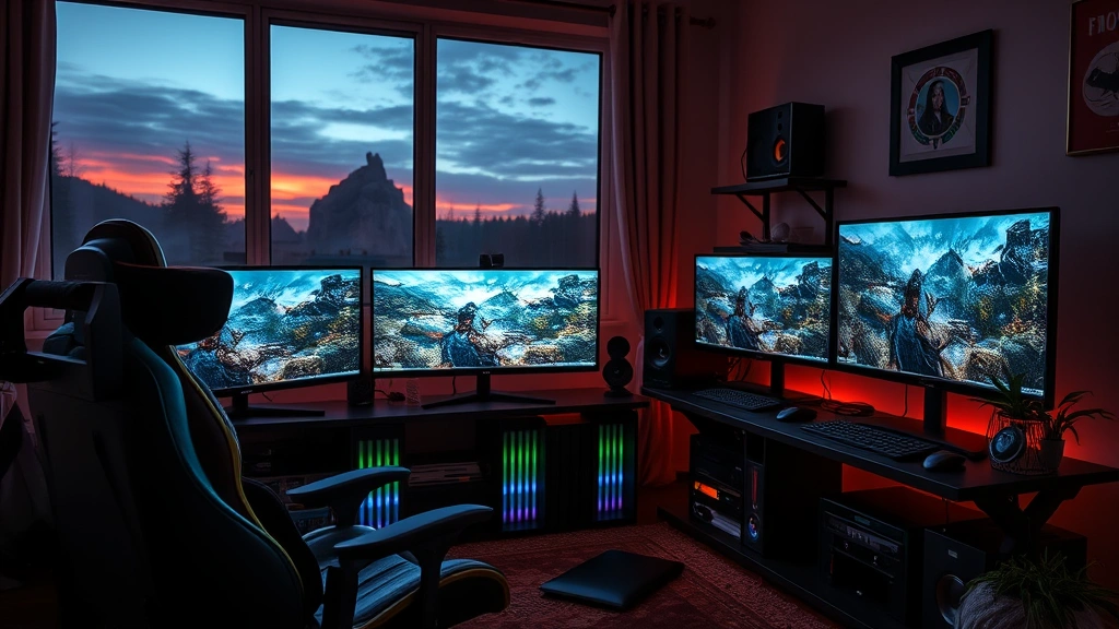 A cozy gaming room at evening with soft LED lighting, comfortable gaming chair, multiple monitors showing narrative game scenes, relaxed atmosphere, photorealistic, no text or menus visible