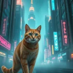 Photorealistic orange tabby cat in futuristic neon cyberpunk city with glowing buildings and holographic signs, dramatic lighting and atmospheric fog