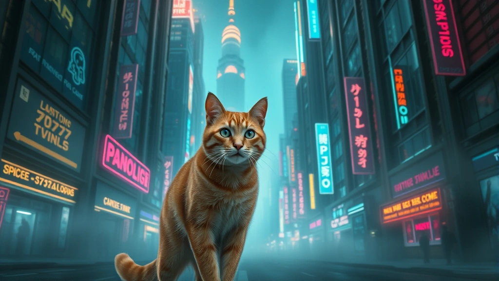 Photorealistic orange tabby cat in futuristic neon cyberpunk city with glowing buildings and holographic signs, dramatic lighting and atmospheric fog