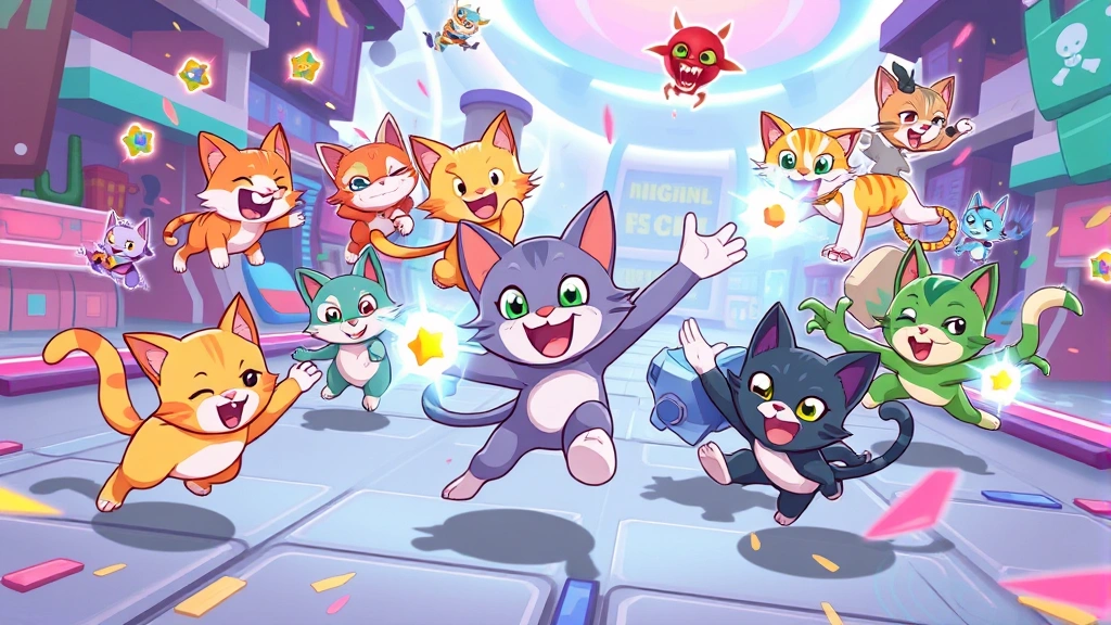 Multiple colorful cartoon cats in action poses mid-battle on vibrant game arena, dynamic movement and magical effects, cheerful gaming atmosphere