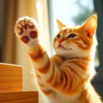 Orange tabby cat with raised paw scratching a wooden furniture surface in bright sunlight, close-up action shot, particles flying, photorealistic fur texture