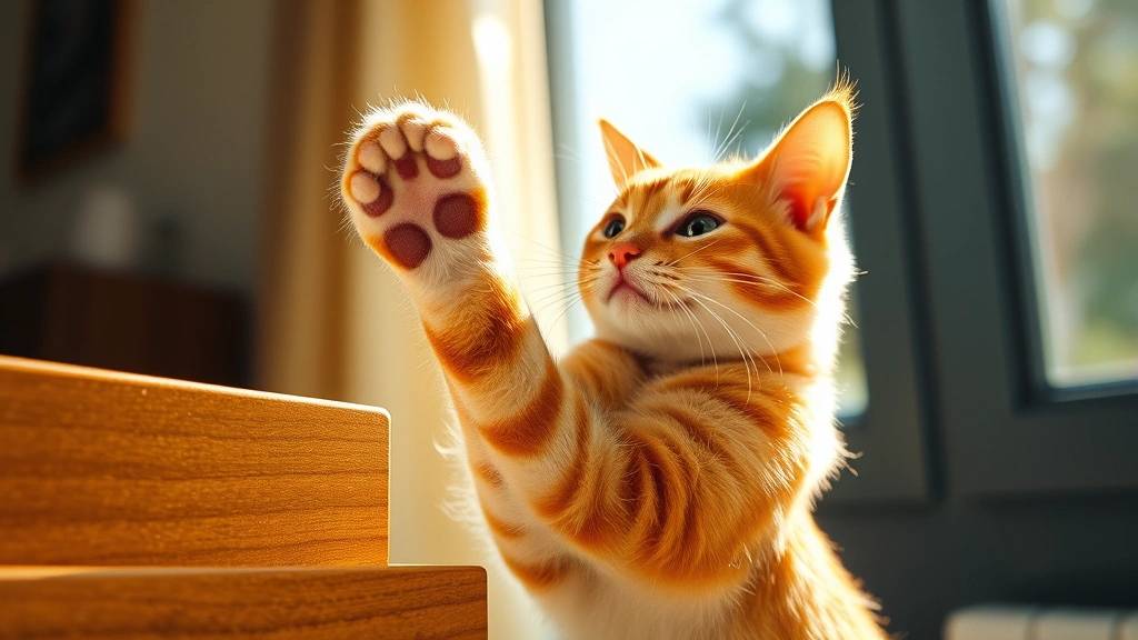 Orange tabby cat with raised paw scratching a wooden furniture surface in bright sunlight, close-up action shot, particles flying, photorealistic fur texture