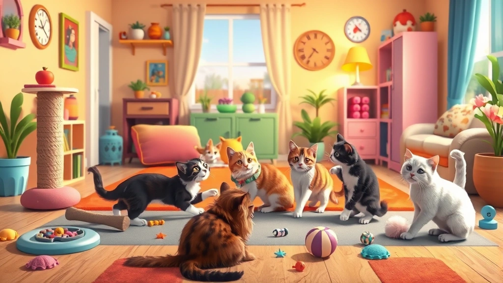 Colorful game environment showing multiple cats playing together in a vibrant living room with scratching posts, toys scattered around, warm lighting, cozy atmosphere