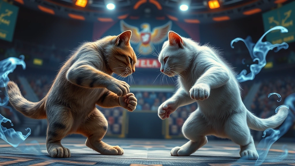 Competitive multiplayer scene with two cats facing off in an arena setting, energy effects around them, dynamic action pose, intense gameplay moment, photorealistic style