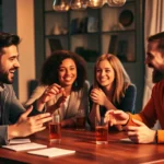 A diverse group of four friends playing a fast-paced party game together around a table, laughing and gesturing animatedly during a competitive round, with one person describing and others guessing intently, warm lighting creating an energetic atmosphere
