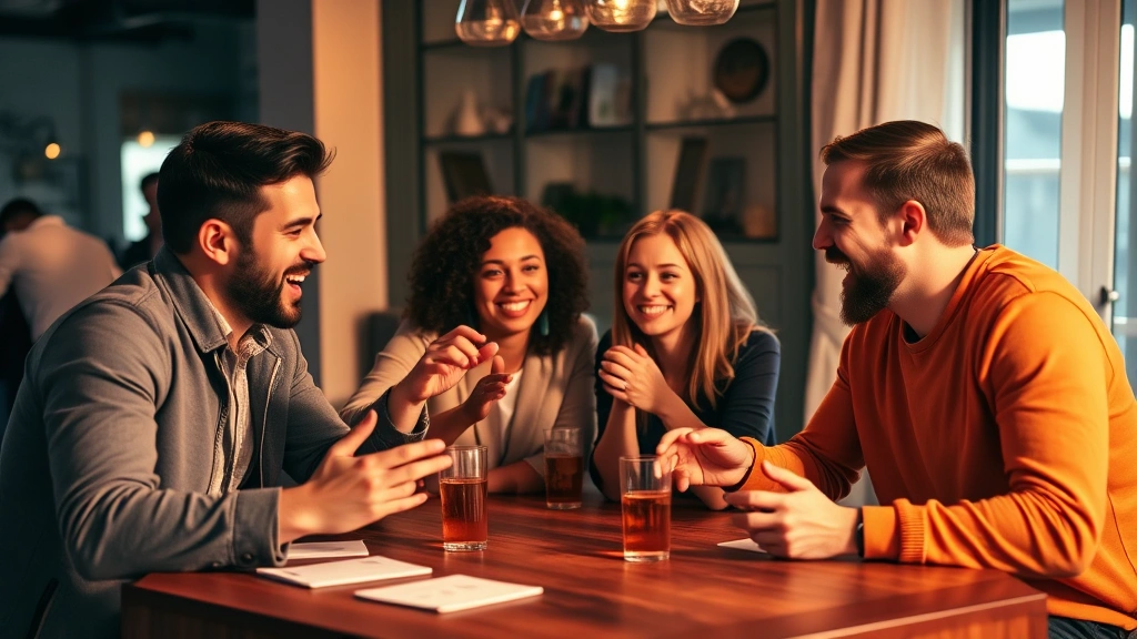 A diverse group of four friends playing a fast-paced party game together around a table, laughing and gesturing animatedly during a competitive round, with one person describing and others guessing intently, warm lighting creating an energetic atmosphere