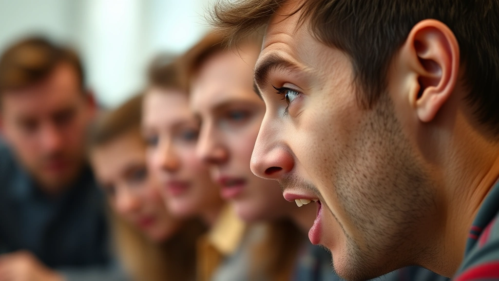 A close-up of a player's face showing intense concentration and excitement while describing a challenging word during a timed round, with blurred teammates in the background leaning forward with anticipation