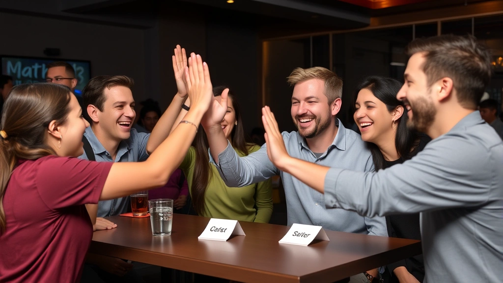 A team of players celebrating a successful guess with high-fives and joyful expressions during a Catch Phrase game session, showing the social bonding and competitive energy of party gaming