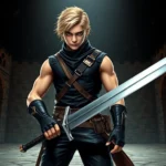 Muscular blonde teenage warrior in sleek black tactical suit standing in dark arena with stone walls, intense focused expression, holding large sword, professional combat stance, dramatic lighting