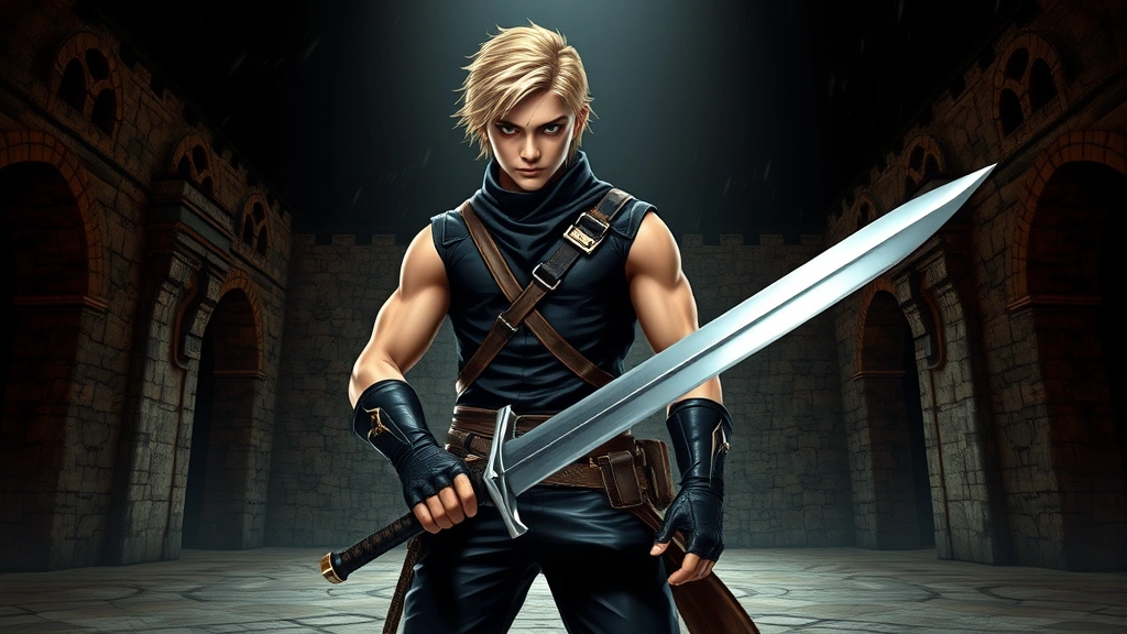 Muscular blonde teenage warrior in sleek black tactical suit standing in dark arena with stone walls, intense focused expression, holding large sword, professional combat stance, dramatic lighting