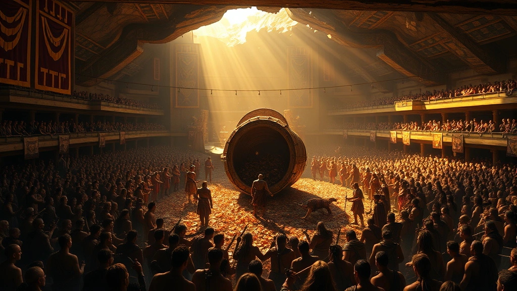 Crowded underground arena with Career tributes gathered around large metallic Cornucopia supply cache, golden sunlight streaming through cracks above, tributes in various combat poses preparing for battle
