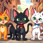 Three colorful cartoon cats (orange tabby, black cat, white cat) standing together in an alley setting with treasure and adventure elements surrounding them, vibrant animation style, dynamic action poses, energetic atmosphere
