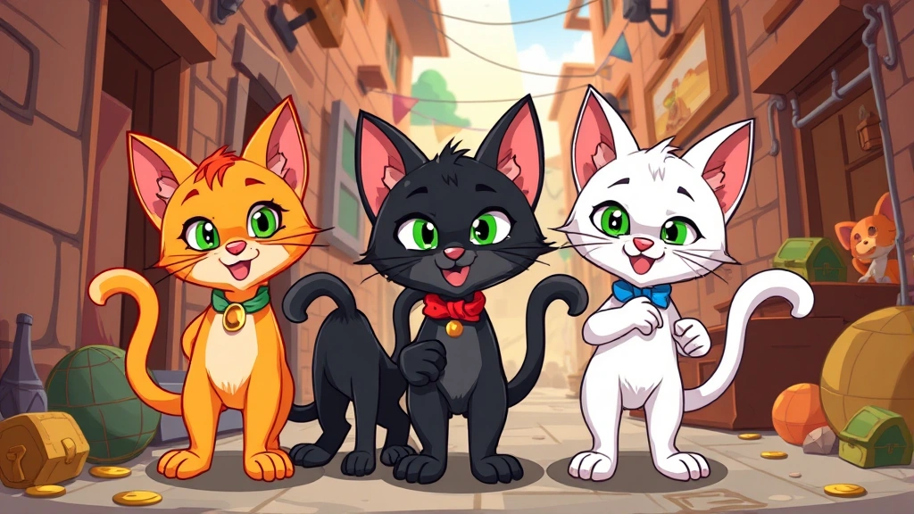 Three colorful cartoon cats (orange tabby, black cat, white cat) standing together in an alley setting with treasure and adventure elements surrounding them, vibrant animation style, dynamic action poses, energetic atmosphere