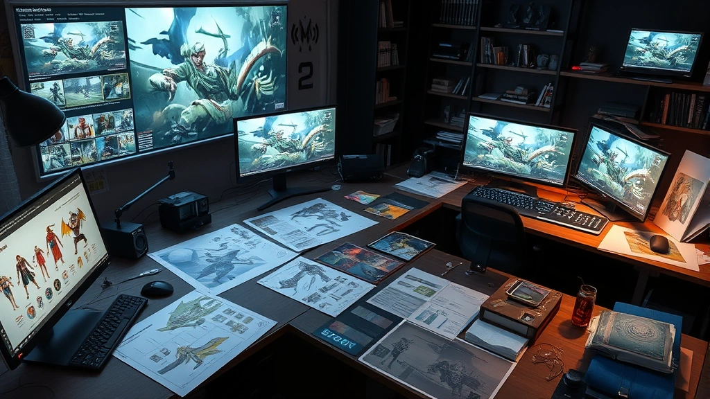 Development workspace showing video game creation process with concept art, character design sheets, and creative materials spread across surfaces, professional game studio atmosphere, collaborative creative environment