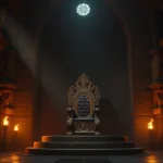 Medieval throne room with intricate stone architecture and dramatic shadows, ornate chair on dais, flickering torchlight creating atmospheric ambiance, no text or UI elements, photorealistic fantasy setting