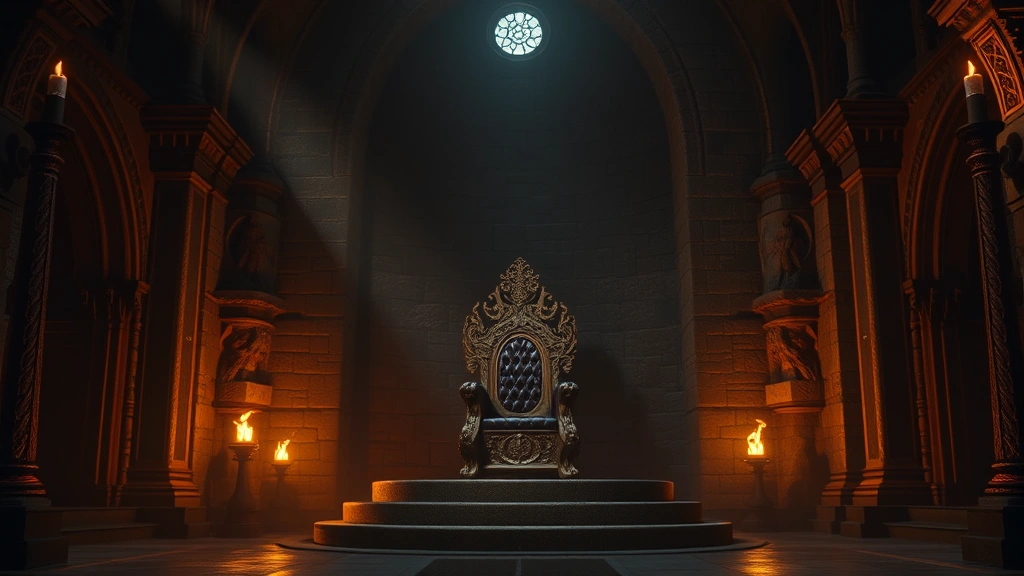 Medieval throne room with intricate stone architecture and dramatic shadows, ornate chair on dais, flickering torchlight creating atmospheric ambiance, no text or UI elements, photorealistic fantasy setting