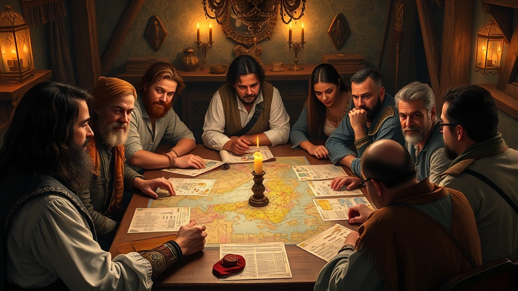 Group of diverse players gathered around table with fantasy maps and character sheets, focused expressions, candlelit medieval tavern atmosphere, collaborative gaming scene, no visible game menus or text