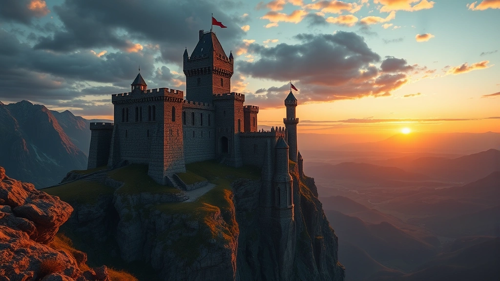 Epic castle fortress perched on mountain cliff overlooking vast landscape at sunset, detailed stonework and banners, golden hour lighting, sweeping fantasy vista, no UI or text overlays