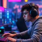 Professional esports player wearing headset sitting at gaming setup with multiple monitors, mechanical keyboard and mouse, intense focused expression, RGB lighting, competitive tournament environment, photorealistic high resolution