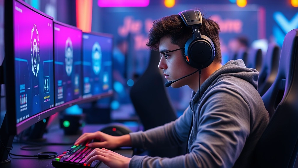 Professional esports player wearing headset sitting at gaming setup with multiple monitors, mechanical keyboard and mouse, intense focused expression, RGB lighting, competitive tournament environment, photorealistic high resolution