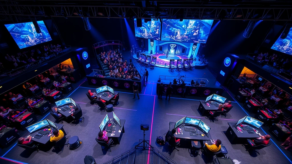 Overhead view of competitive gaming tournament floor with multiple gaming stations, players competing under bright stage lighting, large monitors displaying gameplay, audience in background, professional esports arena atmosphere