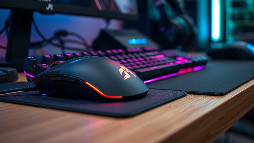 Close-up of gaming peripherals including high-end mouse, mechanical keyboard with cherry switches, gaming headset, and mousepad on desk, RGB lighting effects, professional gaming setup detail shot, photorealistic