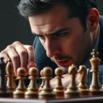 Professional chess player deeply concentrating over a wooden chessboard with pieces mid-game, dramatic lighting highlighting the board and player's focused expression, tournament-style setup with elegant chess pieces