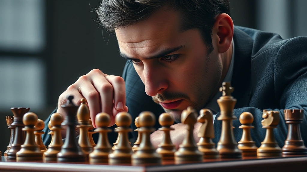 Professional chess player deeply concentrating over a wooden chessboard with pieces mid-game, dramatic lighting highlighting the board and player's focused expression, tournament-style setup with elegant chess pieces