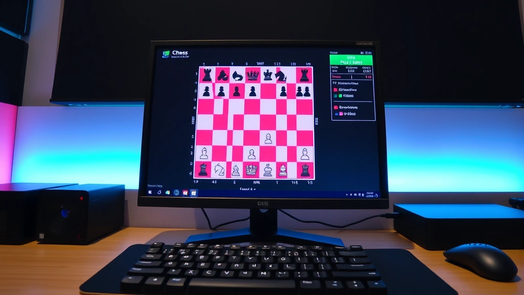 Colorful digital interface of chess puzzle application on computer screen showing a chess position with mathematical notation and difficulty ratings, modern gaming setup with mechanical keyboard visible, clean tech aesthetic