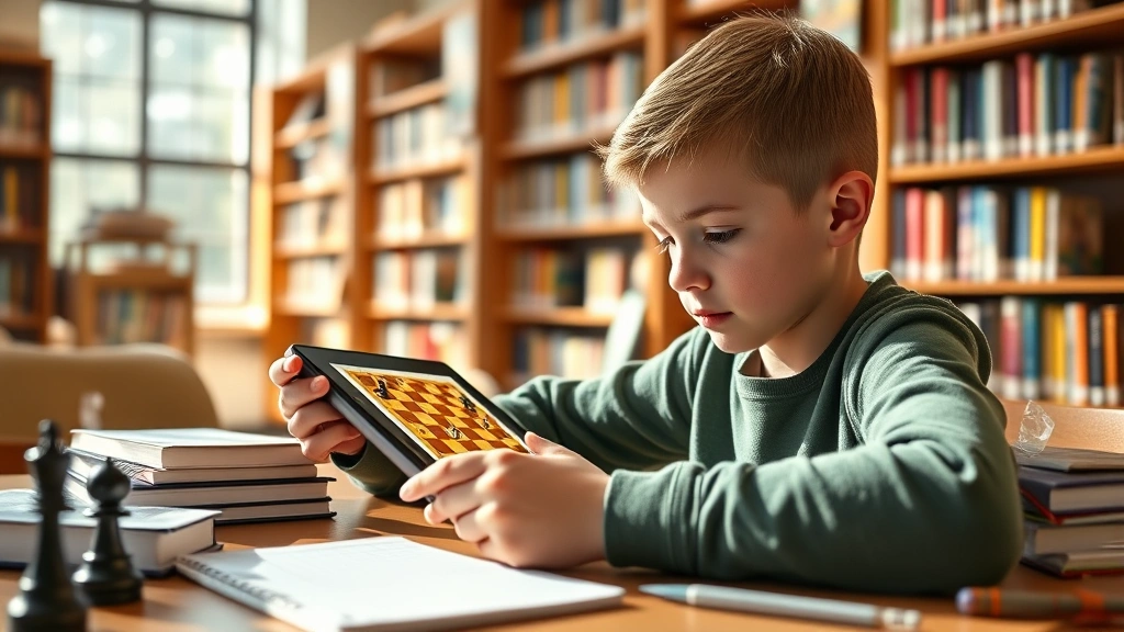 Young student solving chess puzzle on tablet device in library setting, natural sunlight, surrounded by chess-themed educational materials and notebooks, engaged expression showing problem-solving concentration, realistic educational environment