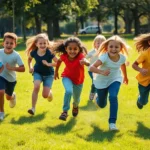 Group of diverse children playing tag in a sunny grassy park, laughing and running with pure joy, natural daylight, warm summer afternoon, candid action shot