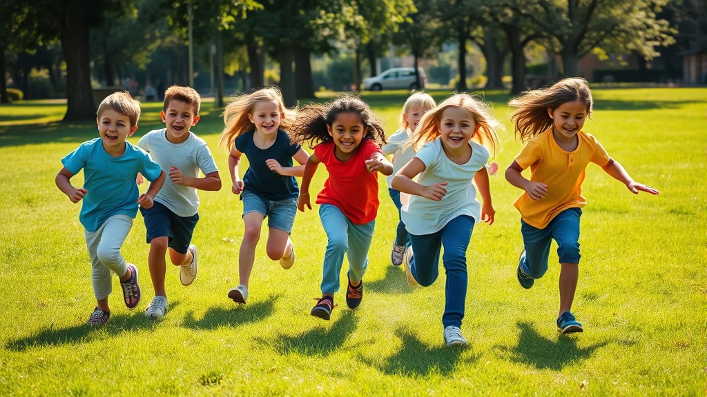 Group of diverse children playing tag in a sunny grassy park, laughing and running with pure joy, natural daylight, warm summer afternoon, candid action shot