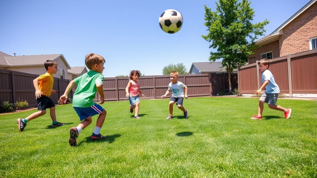Kids playing soccer in a backyard with green grass, ball in mid-air, multiple children in action, clear blue sky, suburban residential setting, energetic movement