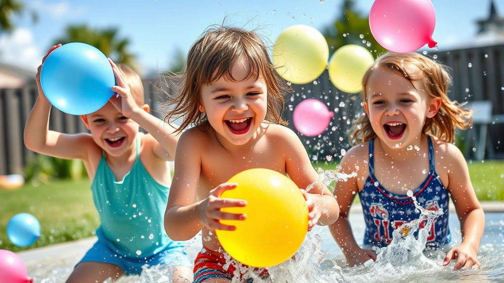 Children splashing in water during a water balloon fight outdoors, wet and laughing, sunny day, backyard or park setting, action-packed moment, genuine happiness