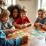 Diverse group of children ages 5-12 sitting around wooden table playing colorful card games together, laughing and engaged, warm natural lighting from window, close-up of hands holding cards and game components