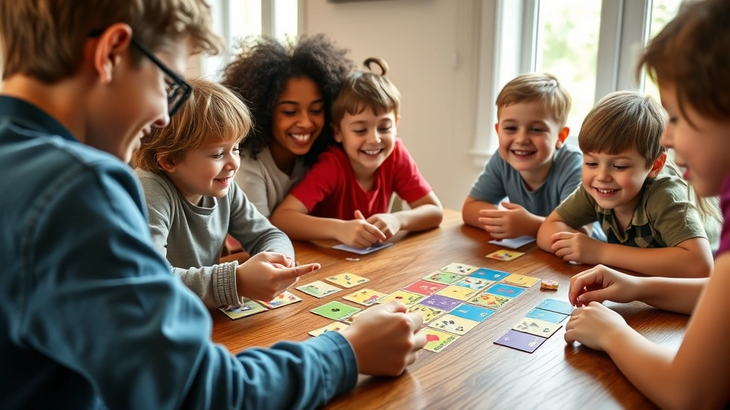 Diverse group of children ages 5-12 sitting around wooden table playing colorful card games together, laughing and engaged, warm natural lighting from window, close-up of hands holding cards and game components