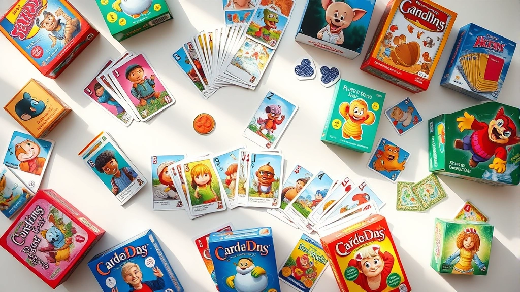 Overhead flat lay of various children's card games spread across bright table surface, showing card decks, game boxes, and colorful cards fanned out, natural daylight, vibrant colors and game artwork visible