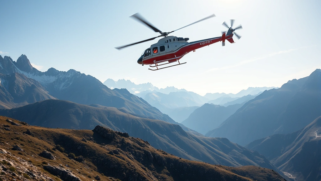 Photorealistic helicopter flying low over mountainous terrain during daylight search and rescue operation, professional aviation photography style, no UI elements visible