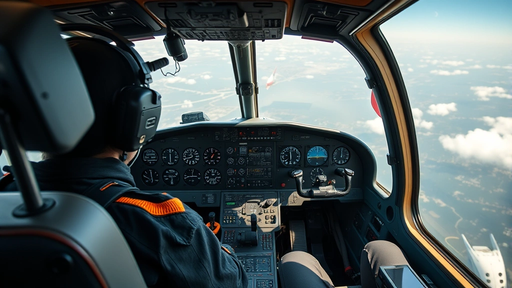 Detailed cockpit interior of rescue aircraft with authentic instrumentation panels and control systems, pilot's perspective during flight operations, realistic lighting and details
